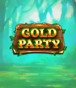 Скриншот слота Gold Party от Pragmatic Play, показывающий радостный и красочный мир ирландской тематики с денежными символами, лепреконами и радугой. В центре кадра виден игровой экран с 5 барабанами и 3 рядами, окруженный зелеными полями и золотыми горшками, формирующими атмосферу праздника и волшебства.